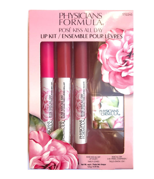 Physicians Formula Rose Kiss All Day Lip Kit Gift Set 3 Glossy Lip + Sharpener
